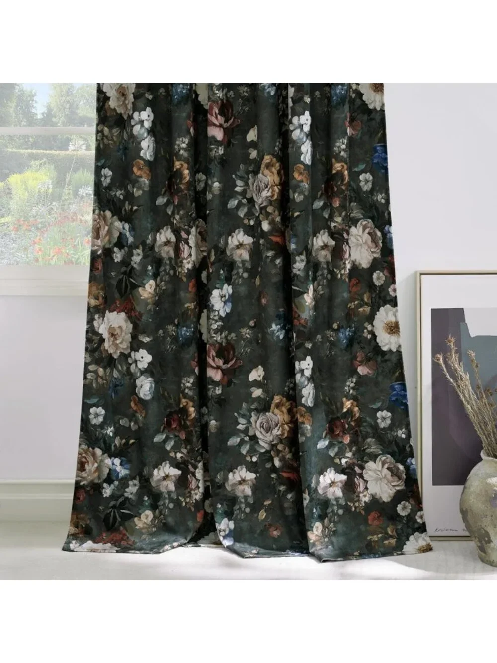 Vintage Floral Green Velvet Curtains, 90